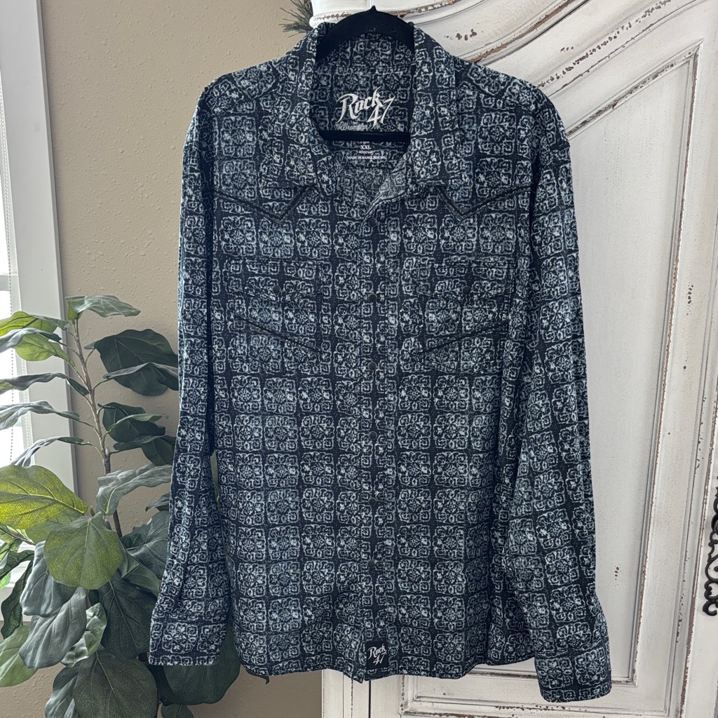 Rock 47 By Wrangler Western Pearl Snap Shirt Mens Xxl Black Grayish Blue Pattern